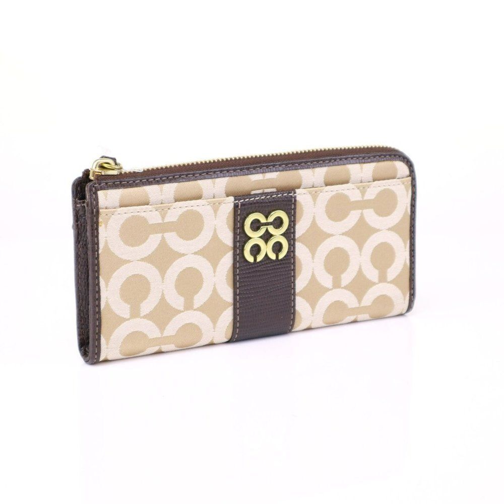 NWT Coach Signature Large Slim Wallet in Khaki Mahogany